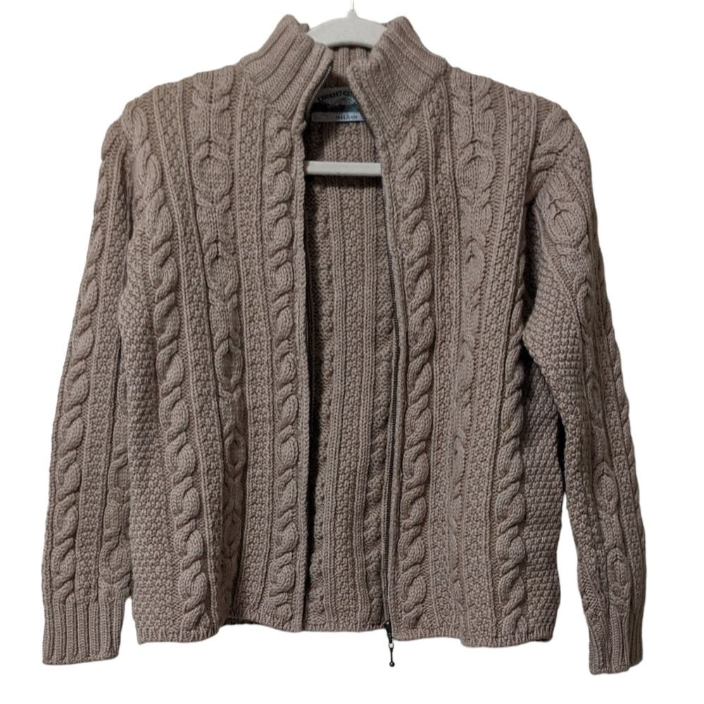 Aran Crafts Ireland merino wool tan zip close cardigan fisherman cable knit S - Picture 9 of 9